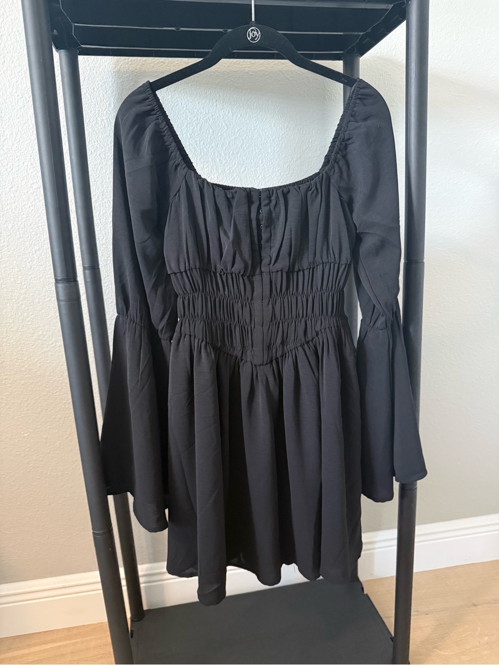 Black Long-Sleeve Smocked Waist Mini Dress with Square Neck